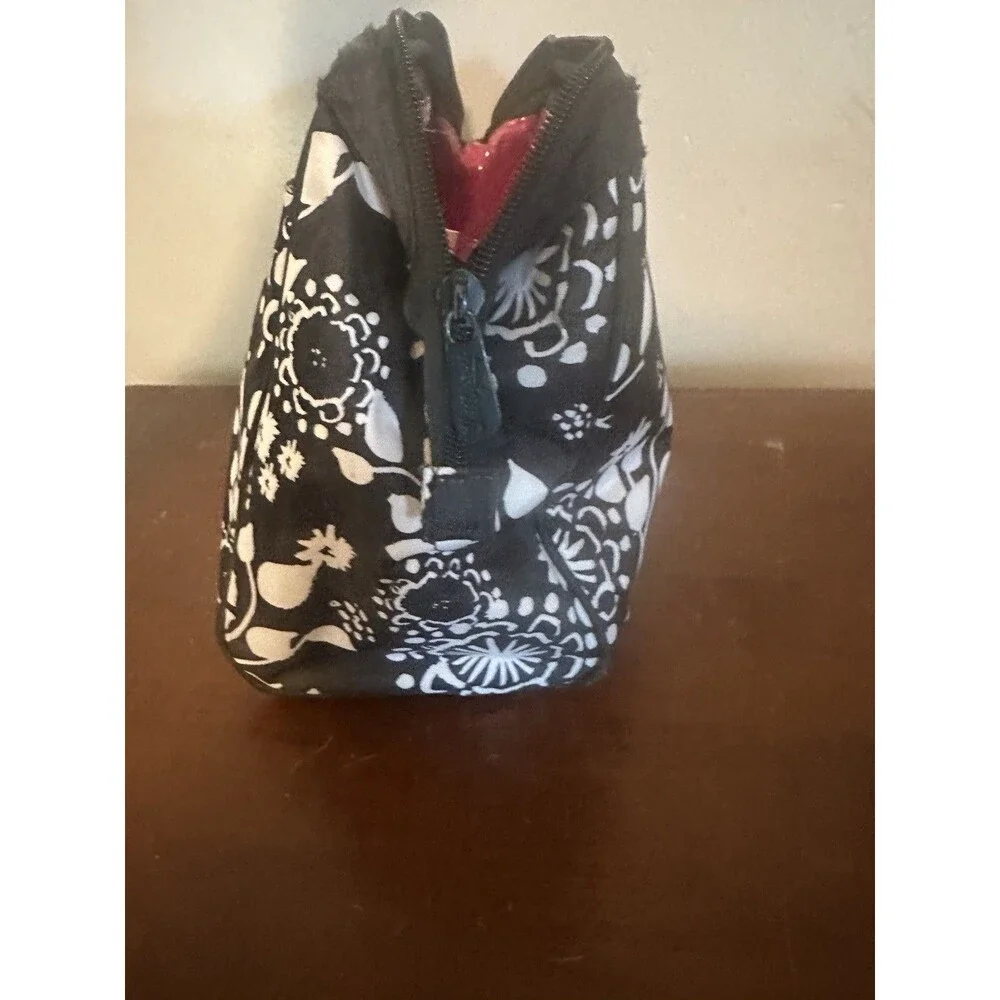 Thirty-One Cosmetic Bag - Black & White Floral Brushstrokes Pockets Vinyl Lining